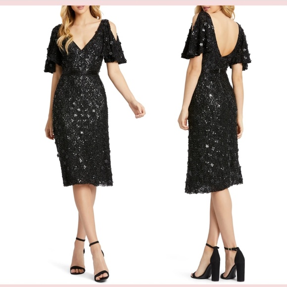 NEW $498 Mac Duggal [ 8 ]‎ Cold Shoulder Sequin Sheath Dress in Black - Picture 1 of 15